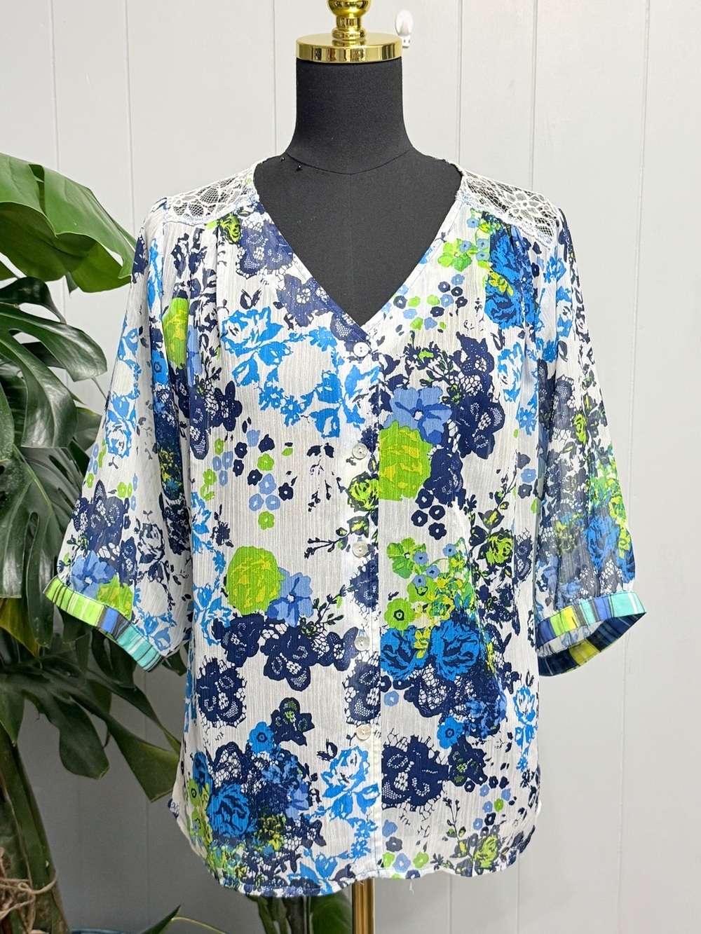 #18) New fig and flower Blue and Teal Striped Floral Sheer Blouse